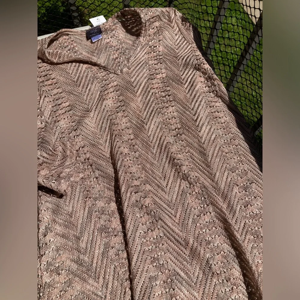 Elif Open Knit V Neck Shiny Metallic Pink Grey Swim Cover Up Tunic Bell Sleeves